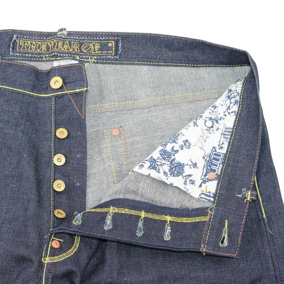 The Year Of Jeans Mens Sz 34 Raw Denim Japan Selvedge Button Fly Embroidered - Picture 16 of 16